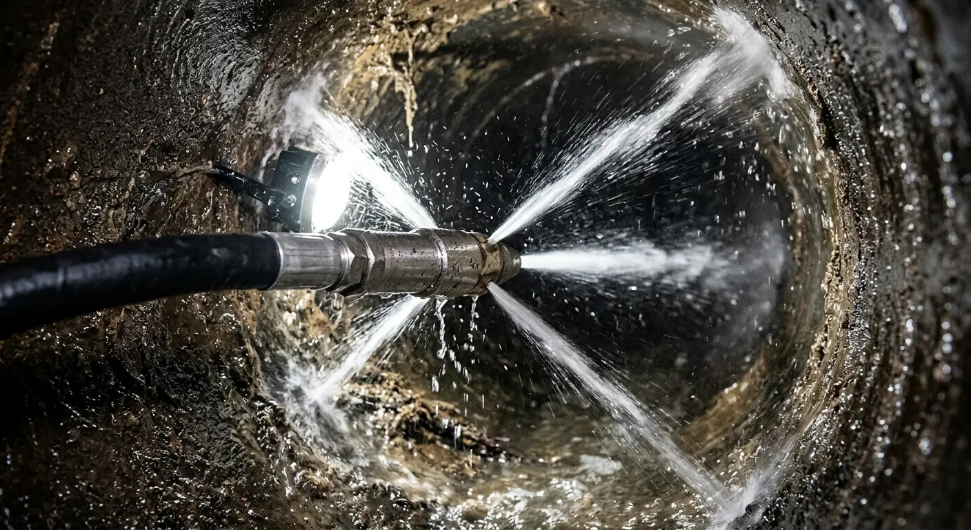 High-pressure hydro jetting nozzle cleaning sewer pipe for Trenchless Sewer Repair in Buena Vista