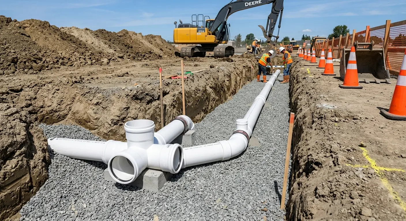 New PVC sewer pipe installation in open trench for Sewer Backup in Buena Vista